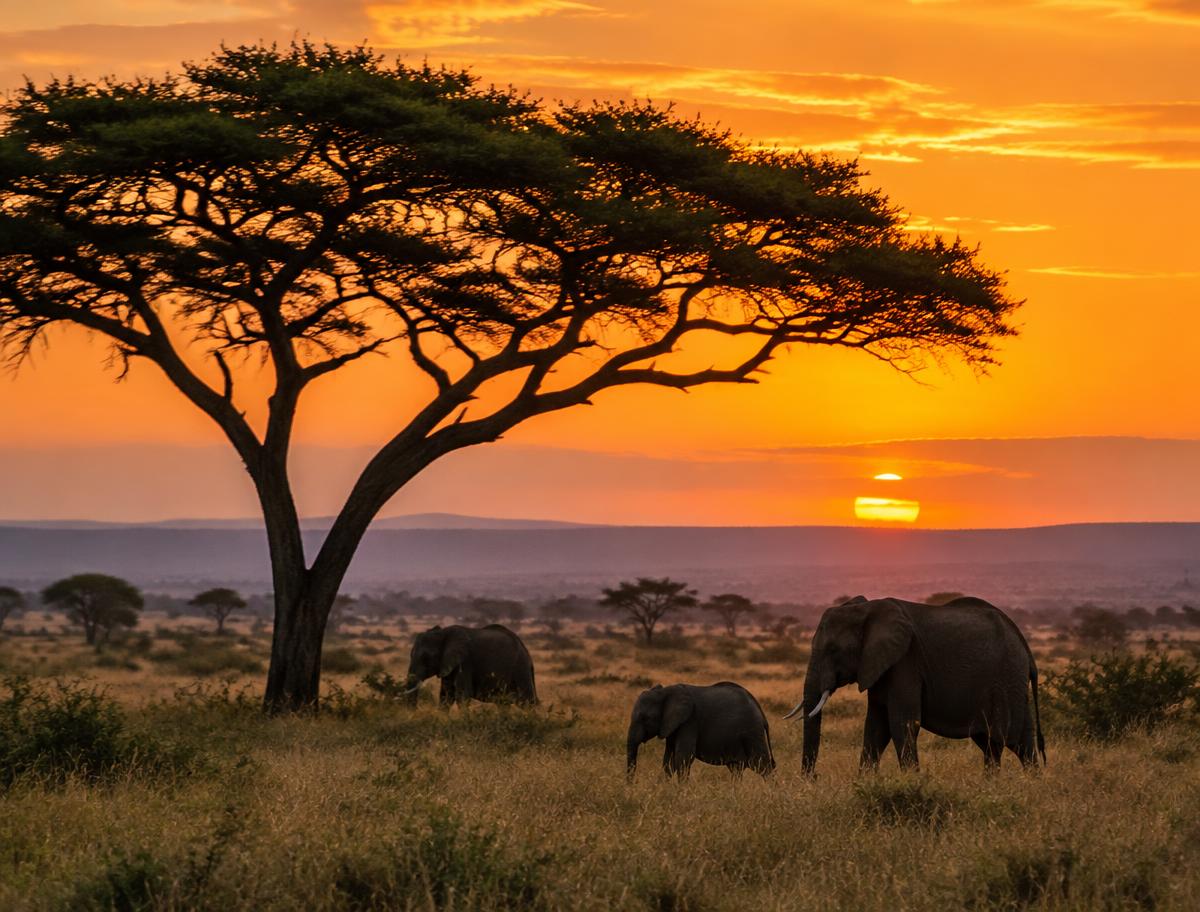 Elephants beneath an acacia tree at sunset