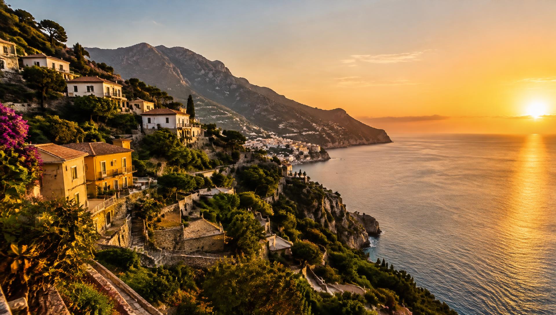 Coastal village terraces at golden hour