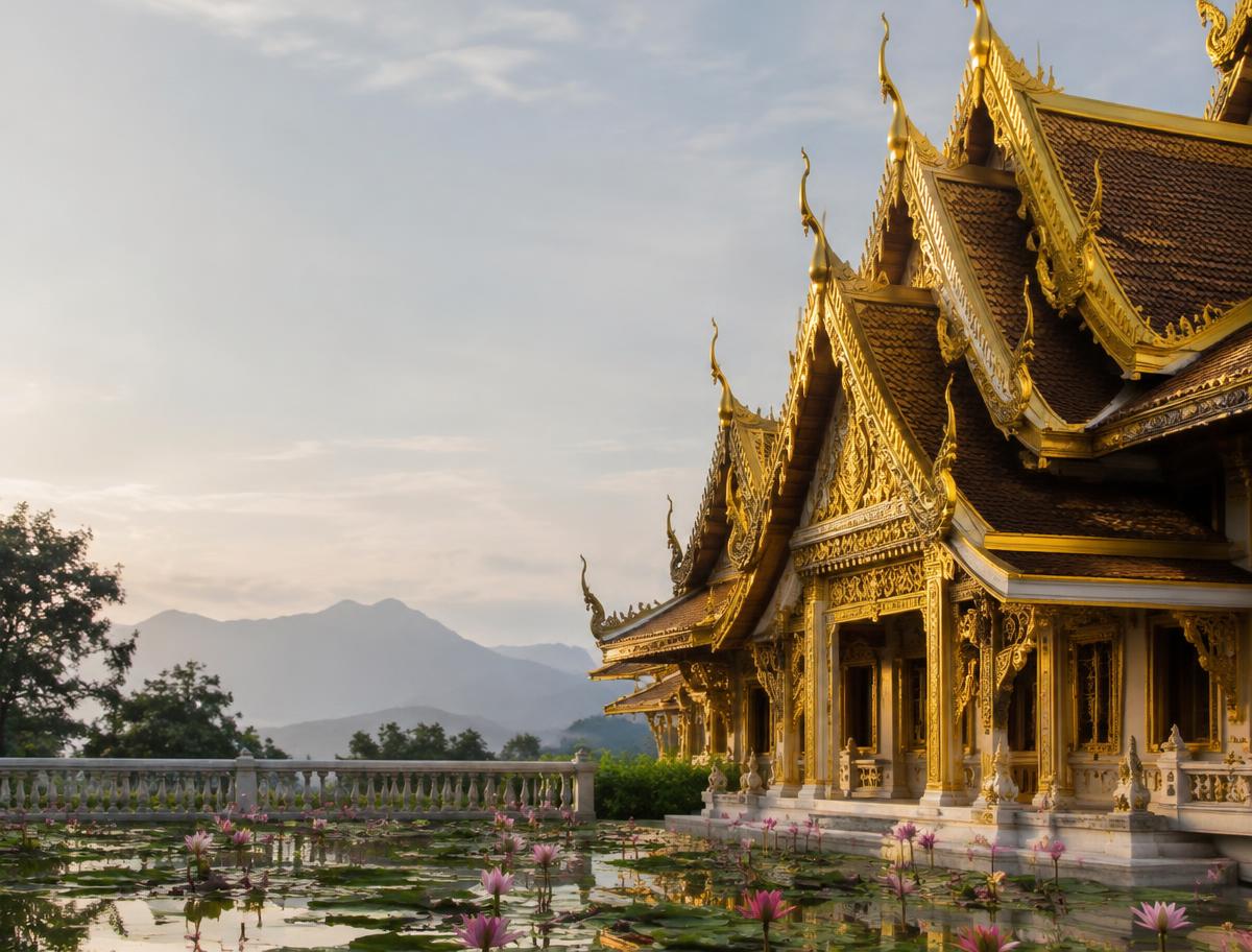 Gilded Thai temple beside a lotus pond