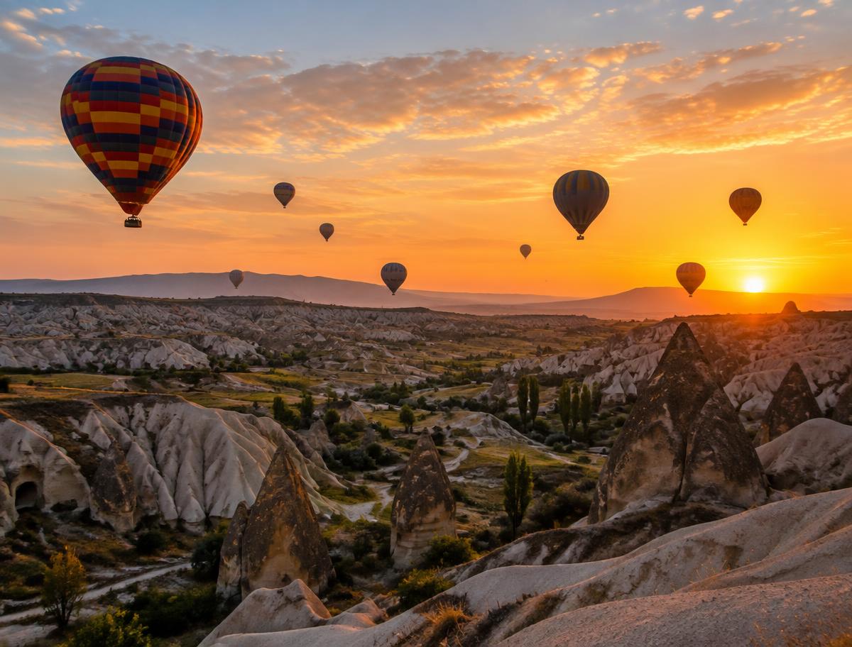 Hot-air balloons over the rock valleys of Cappadocia, Turkey, at sunset